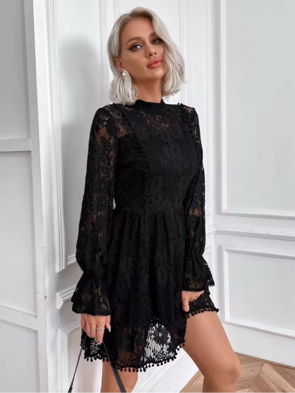 Eilly Bazar Black Mock Neck Flounce Sleeve Lace Mini Dress M Romantic Gothic